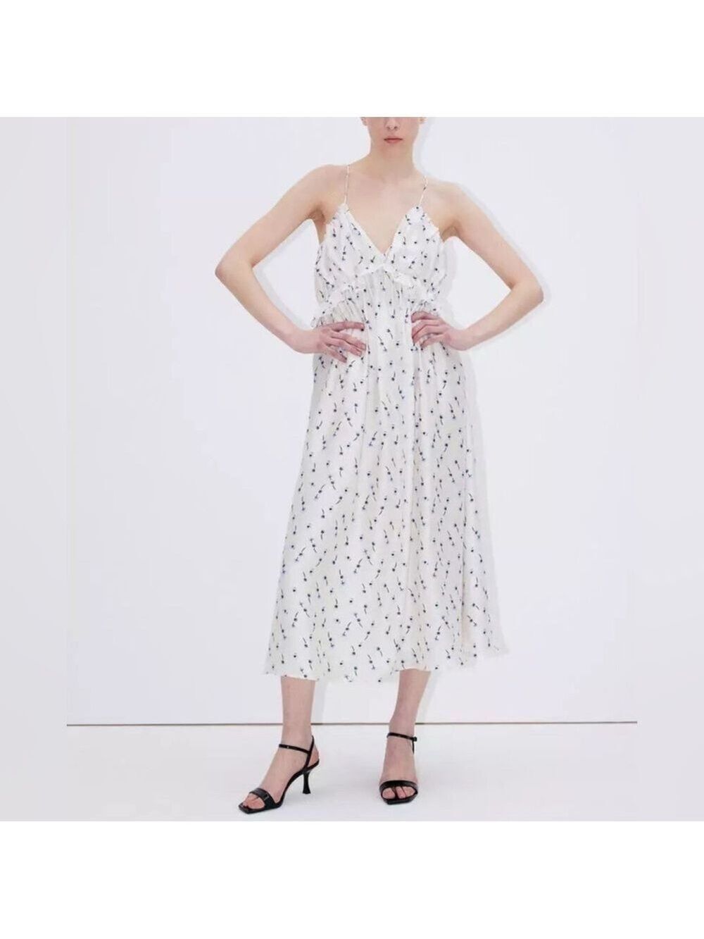 H&M Silky Floral silky Ruffle Midi Dress A Line Feminine Garden Girl small NWT